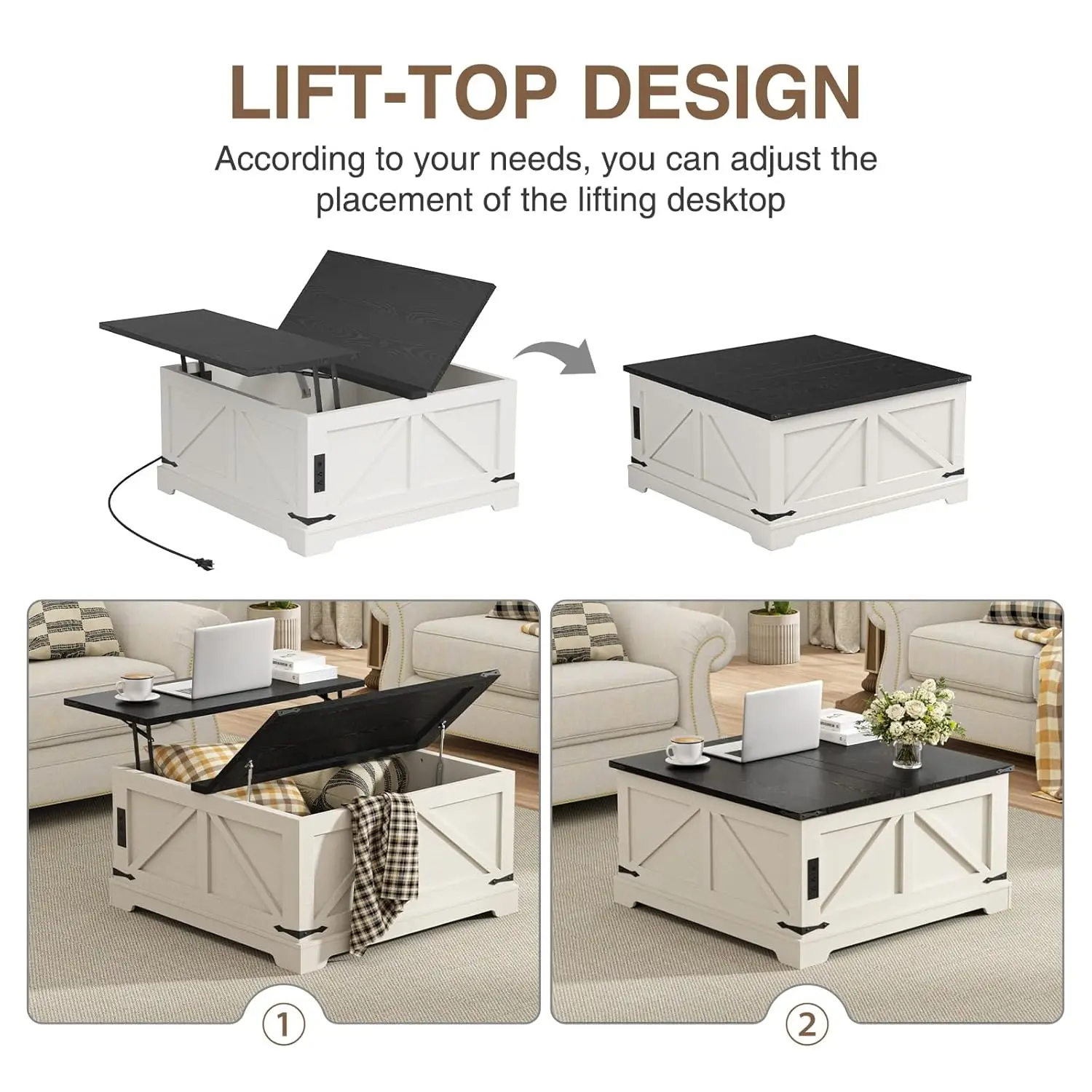 طاولة قهوة قابلة للرفع مقاس 31.5 بوصة مع مساحة تخزين، وطاولات قهوة مربعة للمزرعة لغرفة المعيشة، وطاولة مركزية مع محطة شحن و