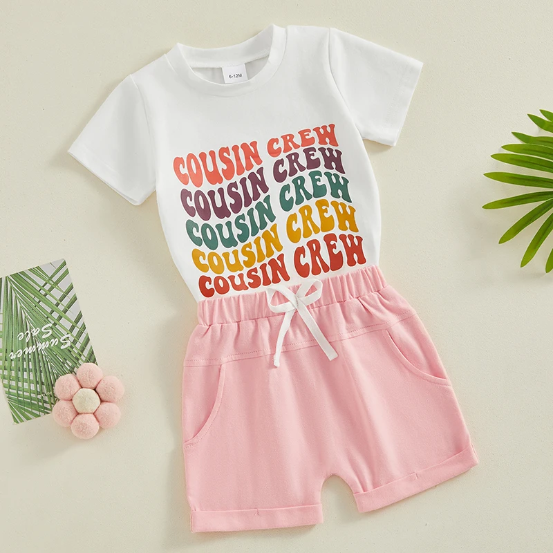 

Baby Boy Girls Cousins Short Set Short Sleeve Letter Romper Shirt Jogger Shorts Announcement Outfit Newborn Gift