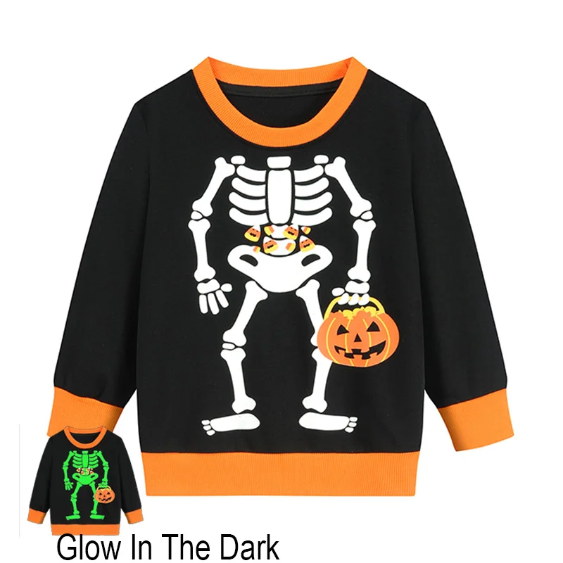 Little Hand Kids Sweatshirt Halloween Glowing Skeleton Pumpkin Print Long‑Sleeve Pullover for Costume Party Trick Or Treat 2‑7T