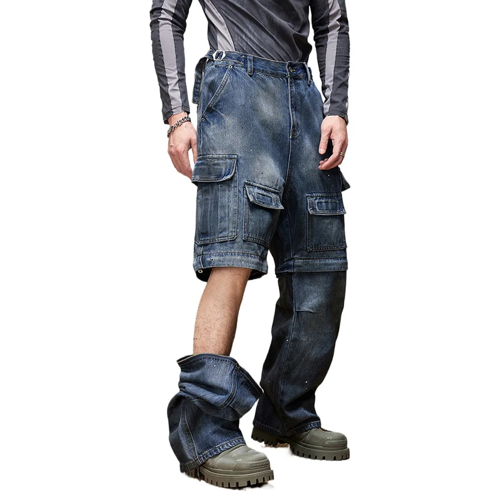 Men Detachable Wide Leg High Quality Multi-Pocket Streetwear Hip Hop Loose Casual Vintage Denim Cargo Pant Baggy Jeans Trousers