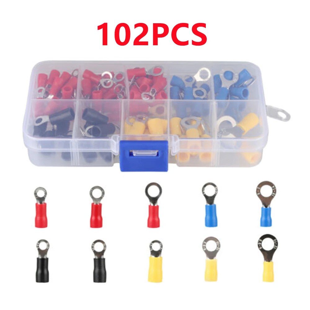 102Pcs Insulated Ring Terminal Crimp Connector Kit Ring Cable Wire Connectors Cord Pin End Butt Terminals AWG 22-10