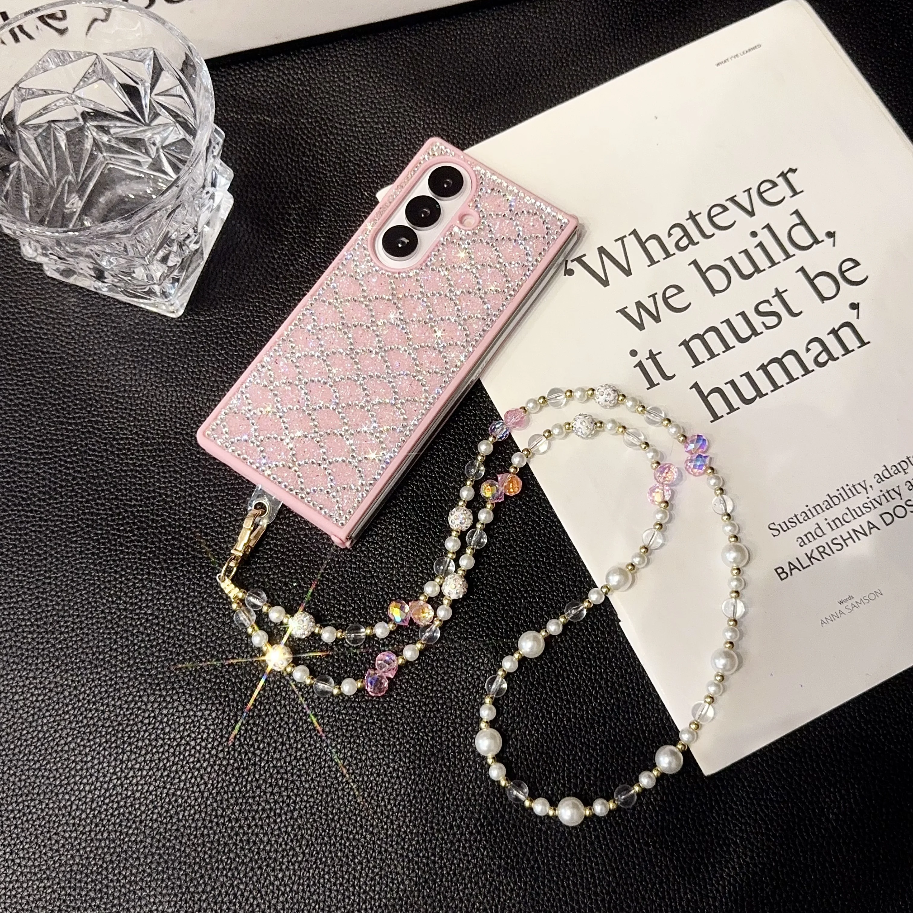 Роскошный уникальный чехол для телефона на запястье с ромбовидной шкалой и кристаллами жемчуга для Samsung Galaxy Z Fold 7, 6, 5, 4, 3