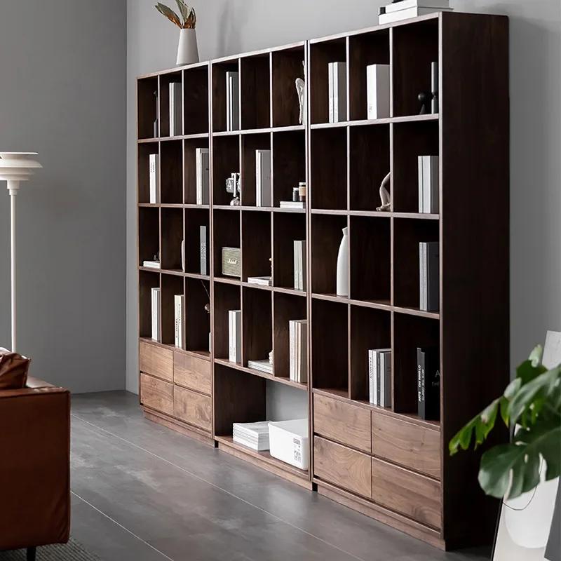 Nordic black walnut solid wood bookshelf simple storage shelf study shelf log Bogu shelf