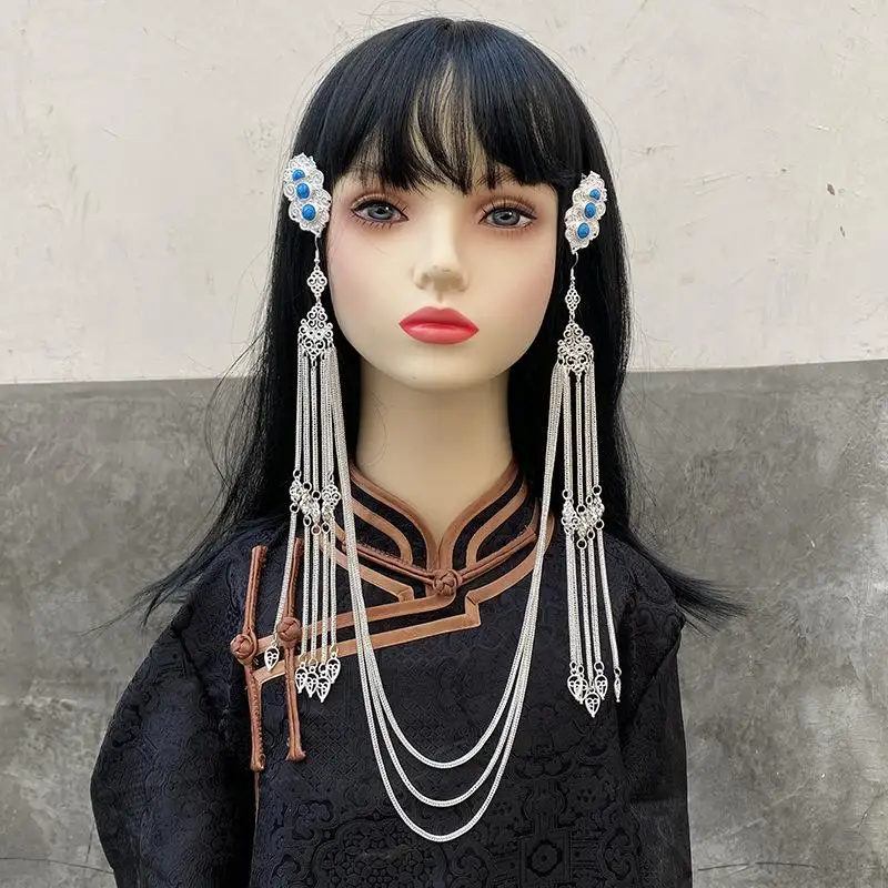 Women Mongolian Ethnic Style Characteristic Hairpin Turquoise Tassel Decorative Hair Jewelry Chain Photography Prop