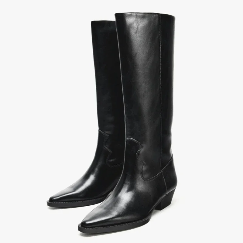 

Luxury Designer Chunky Heel Knee High Boots Women Fashion Black Pointed Toe Long Boots Sewing Design Comfortable Platform Boots