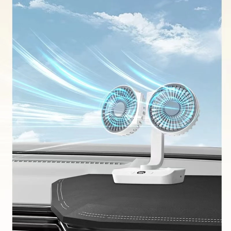 Double Head Desktop Oscillating Fan USB Rechargeable 4000mAh Battery Powered Portable Automatic Rotating Table Fan 4 Gear Wind