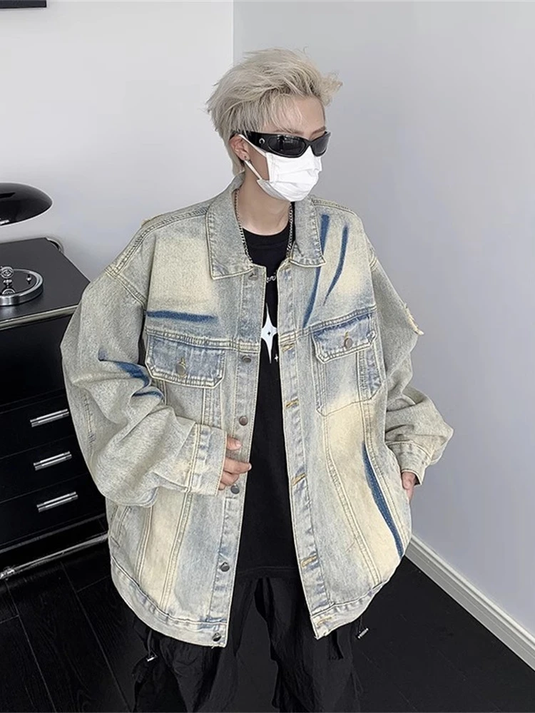 

Ретро-винтажная мужская джинсовая куртка в стиле хип-хоп для весны и осени, в американском уличном стиле, рабочая куртка с дизайнерскими прорезями, повседневная верхняя одежда