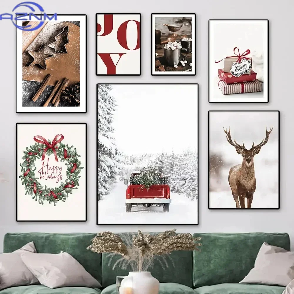 Christmas Deer Snow Scene Canvas Print Squirrel & Hazelnut Wood Christmas Wall Art Poster for Modern Living Room and Home Decor