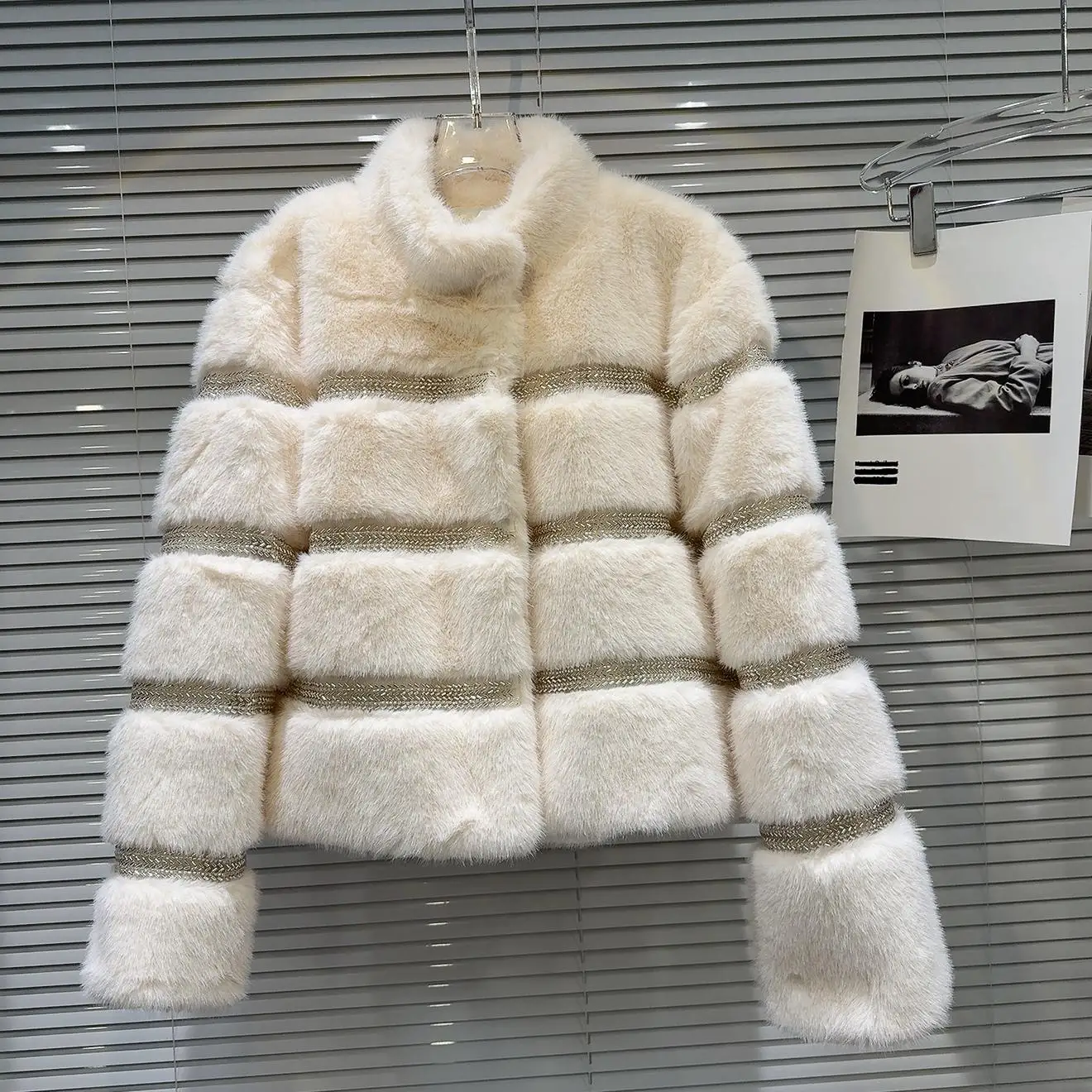 صديقة للبيئة الماس الربط القطن الفراء معطف المرأة Faionable مستقيم قطع طويلة Sve الوقوف طوق لون نقي الشتاء خارج... #1