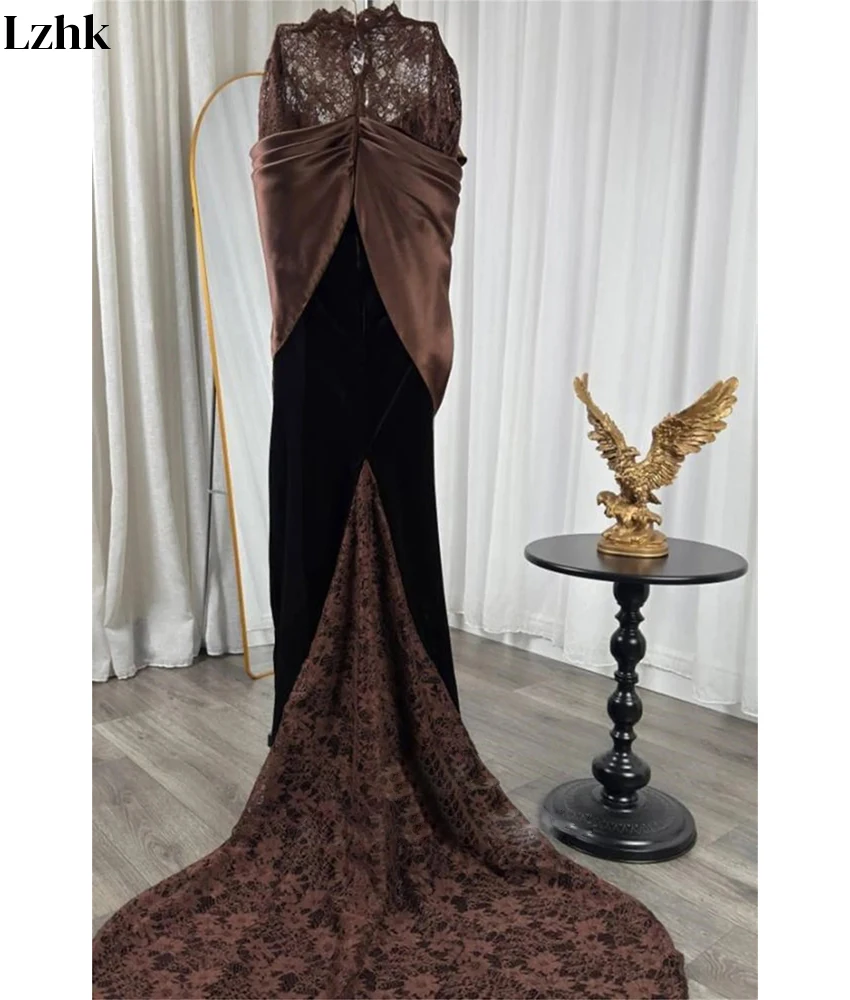 Customized Graceful Velvet Mermaid Lace Evening Dress Temperament High Collar Long Sleeves Floor Length Bespoke Occasion Gowns
