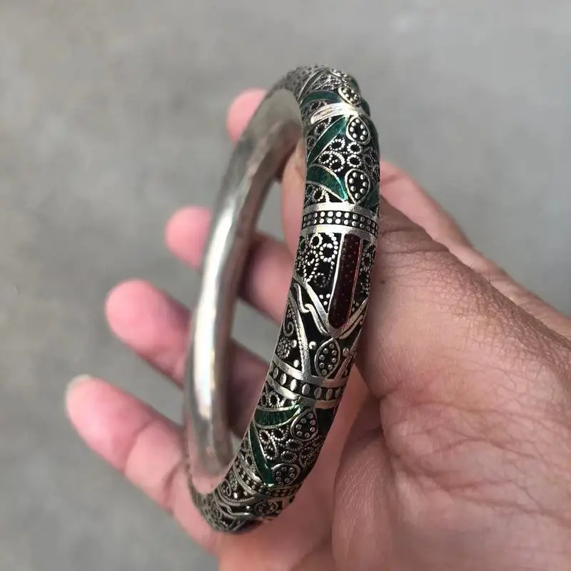Vintage Hollowed-Out Miao White Copper Silver-Plated Ethnic Style Inlaid Cloisonné Gemstone Bracelet Men And Women