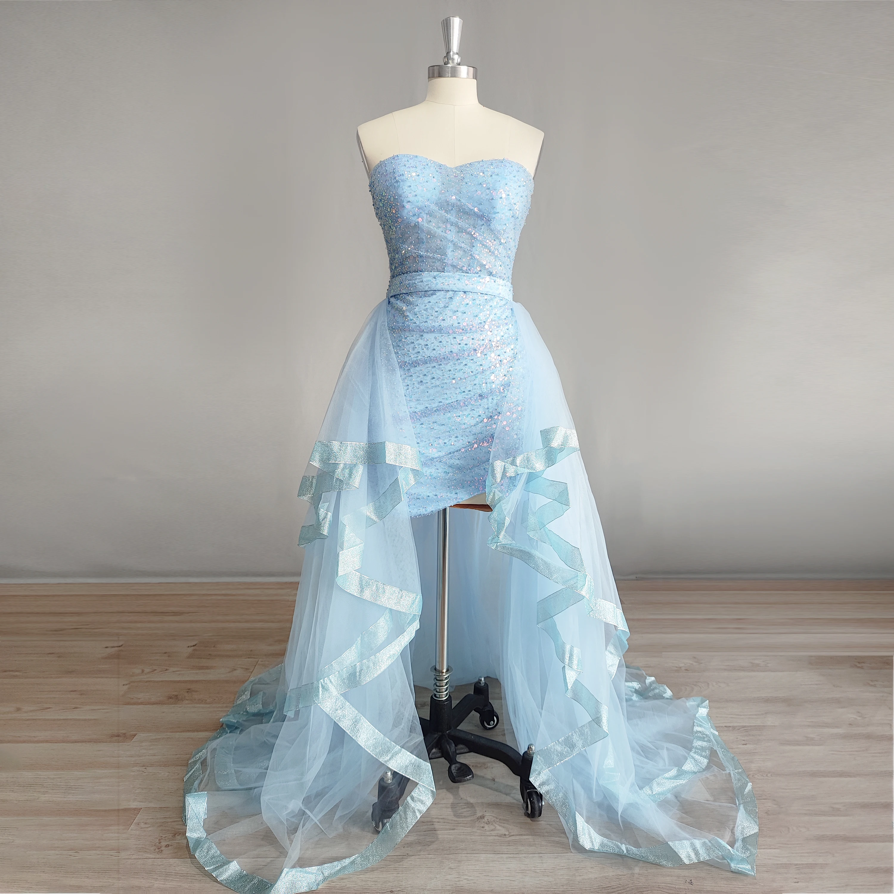 DIDEYTTAWL bebê azul lantejoulas Sparkly Strapless destacável Tiered Train Prom Vestido Bainha Bainha Apressado Vestido Curto