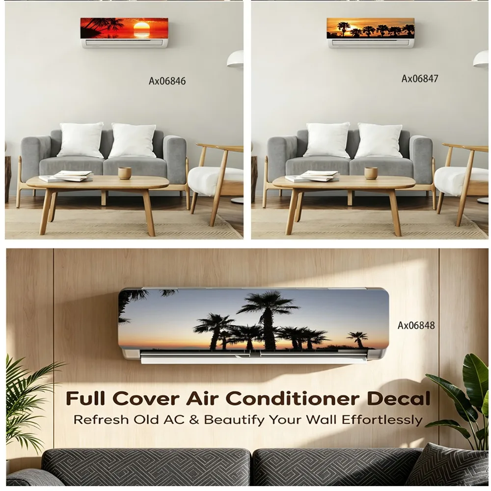 Tropical Palm Sunset Air Conditioner Sticker Self‑Adhesive Waterproof Anti‑Scratch Vinyl Wall‑Mounted AC Skin for Home Decor