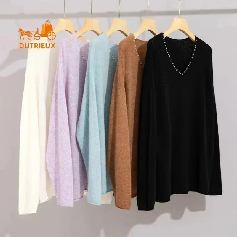 2025 Winter New Women's Sweater, 100% Cashmere V-neck Diamond Loose Fit Base Shirt Elegant Underwear, Wool Sweater Jacket Warm