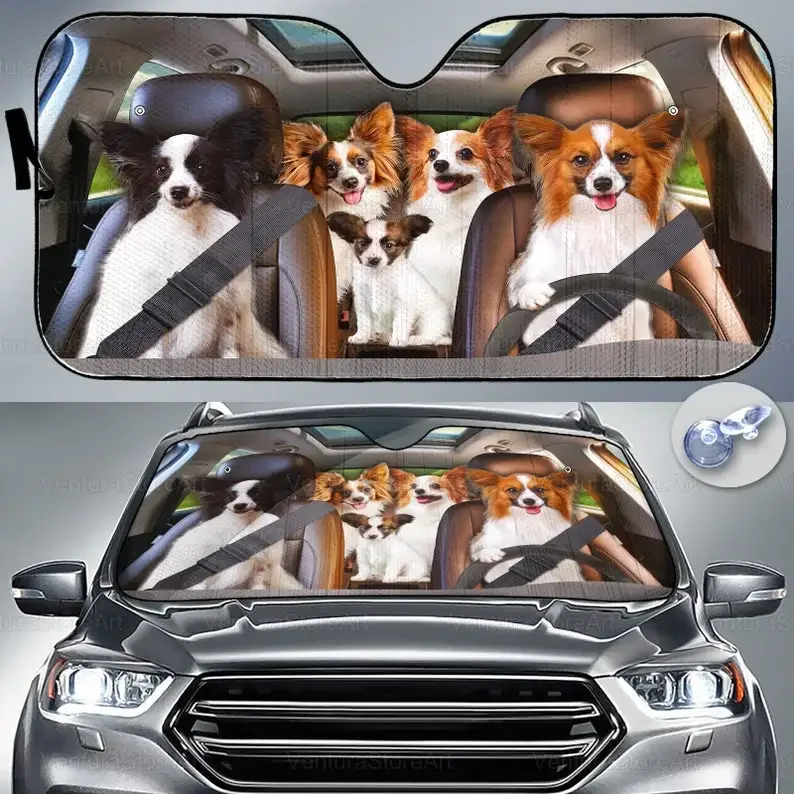 Papillon Car Sunshade, Dog Car Decoration, Papillon Lover, Auto Sun Shade, Gift For Dad, Car Windshield, Gift For Him, PHT032206