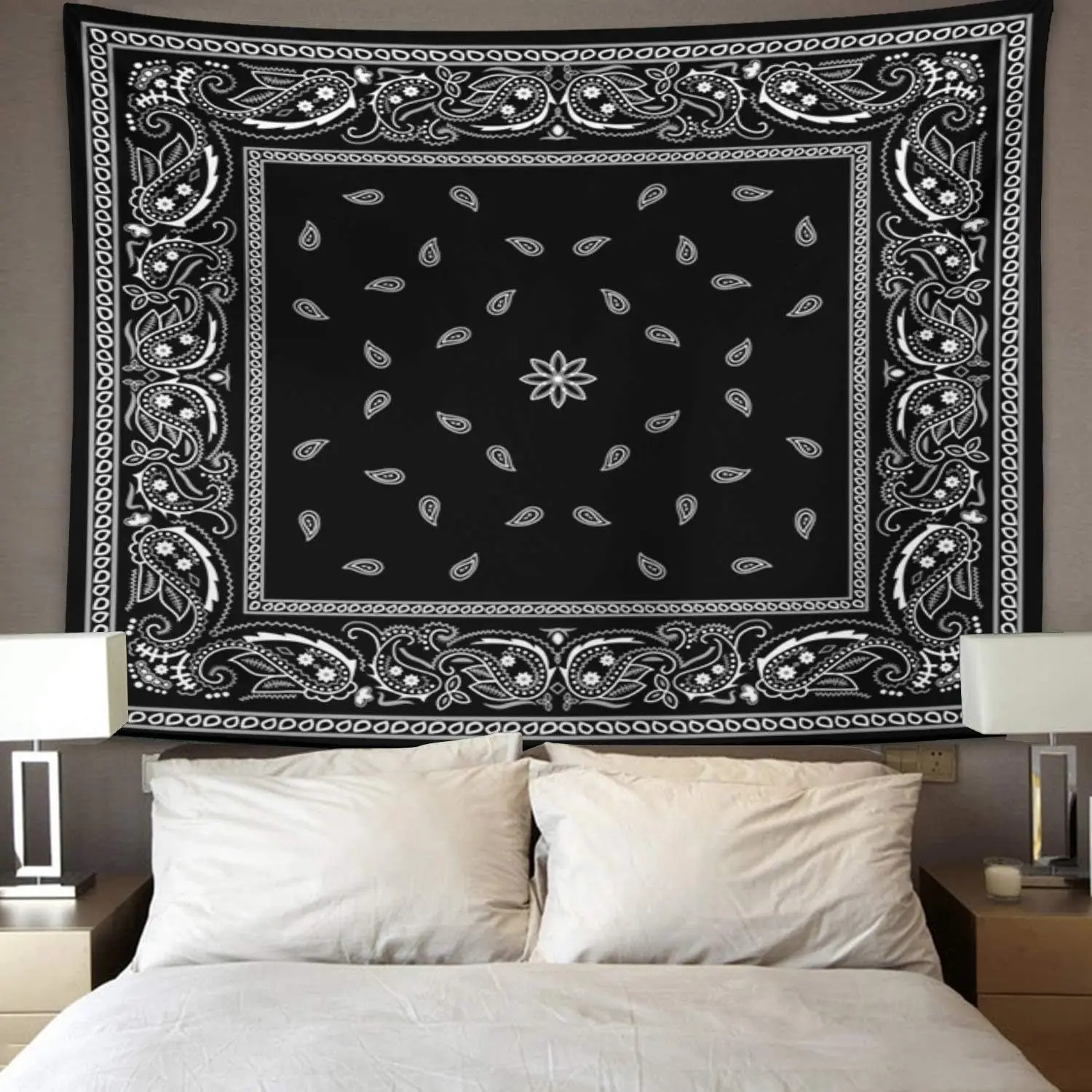 Tapestry Colorful Paisley Black Pattern Bandanna Border Scarf White Home Decor Wall Hanging for Living Room Bedroom Dorm