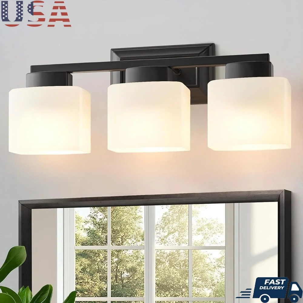 

3-Light Bathroom Vanity Light Fixture Modern Wall Sconce with Glass Shade Up Down Mounting Metal Light Mirror Porch Garden