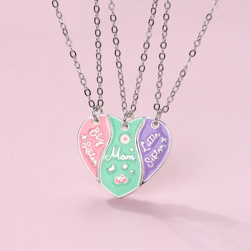 3PCS Mom Big Sister Little Sister Matching Heart Pendant Necklaces, Mother Daughters Jewley Set, Mothers Day Gifts for Mom Girls