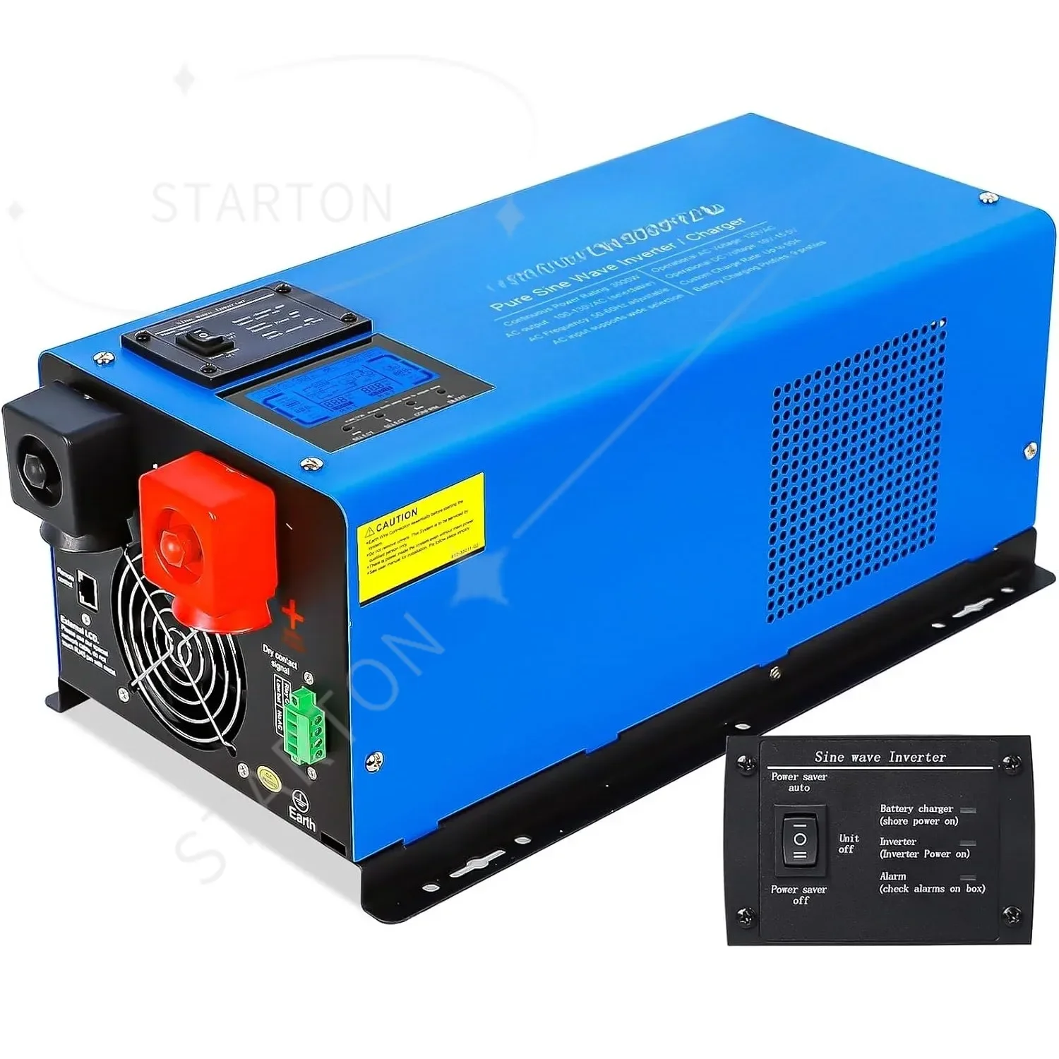 3000W 12V DC Pure Sine Wave Inverter, 9000W Peak, 120V AC Single Phase Output with Battery Charger
