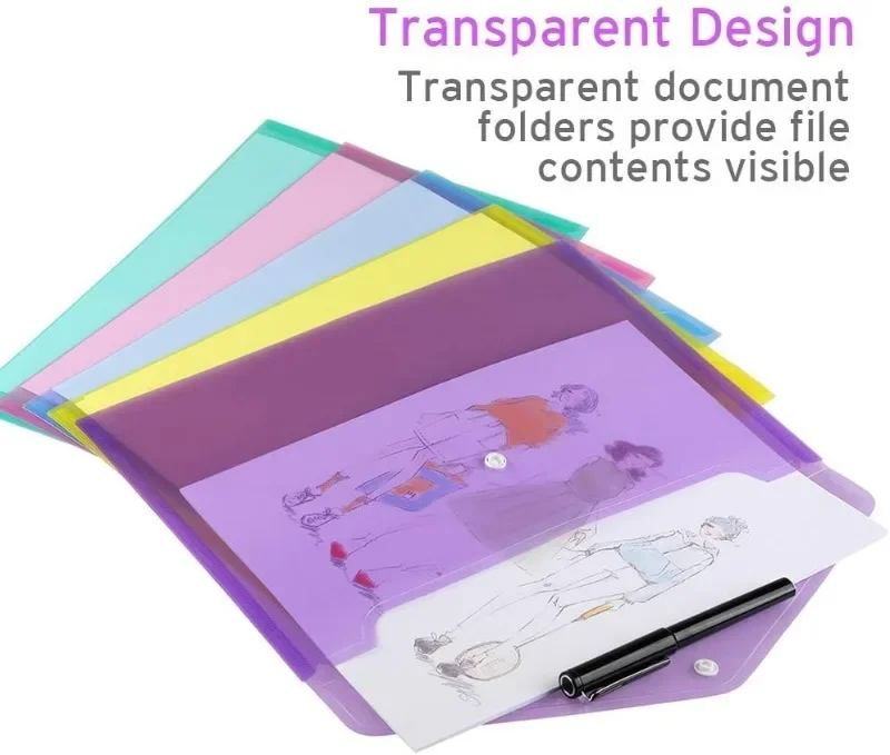 10pcs A4 Folders Plastic Envelopes Clear File Folder for Document Poly File with Label Pocket Snap Button for Office Organizer view 5