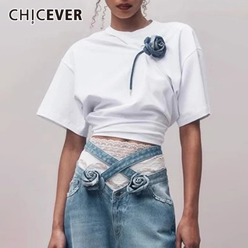 

CHICEVER Casual Patchwork Appliques T Shirts For Women Round Neck Short Sleeve Loose Minimalist Loose Colorblock T Shirt Female
