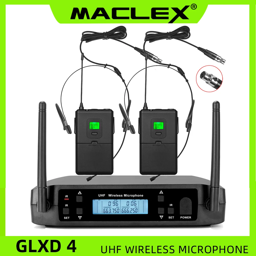 GLXD4 Dual Transmitter UHF Wireless Microphone with Handheld bodypack Lapel Headset Headworn Mic for Karaoke System Speech Party