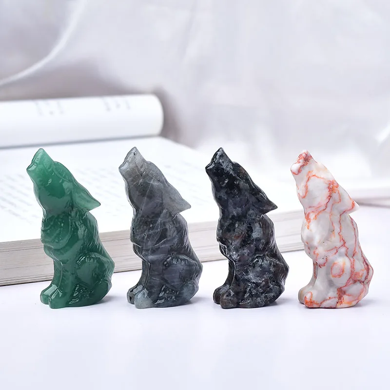 Wolf Statue Healing Crystal Home Decor Quartz Opal Stone Carved Animal Figurine Craft Gifts Spiritual Belief Mineral Specimen