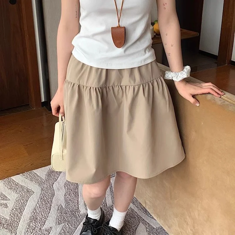 

Летние женские темно-синие тонкие юбки А-силуэта, повседневные миди-юбки с высокой талией, корейская мода, однотонные юбки средней длины