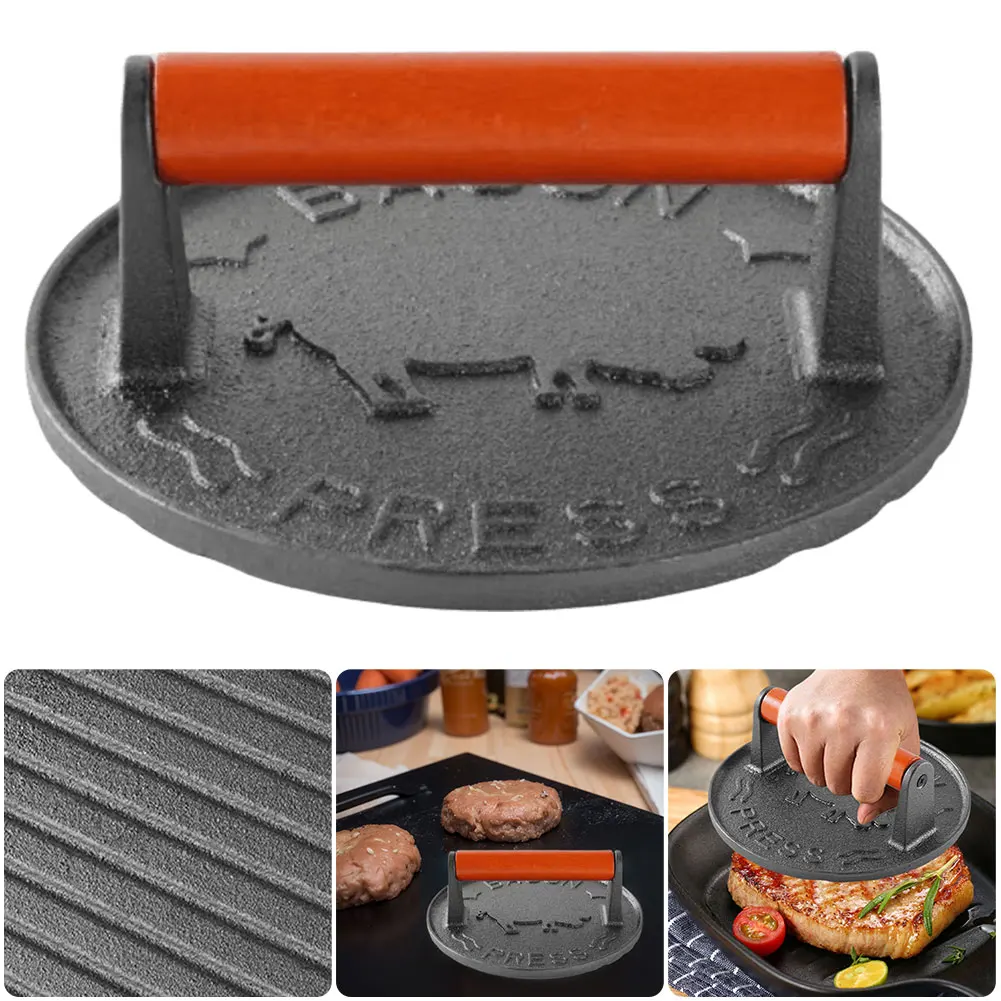 Cast Iron Burger Press Heavy-Duty Patty Maker Wooden Handle Smash Burger Press 7.09 in Anti Scald for Griddle Grills