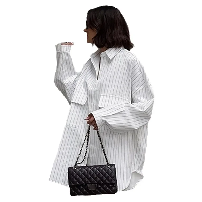 2024 Fashion Autumn Winter Women Oversized Striped Long Shirt White Long Sleeve Loose Fit Blouse Female