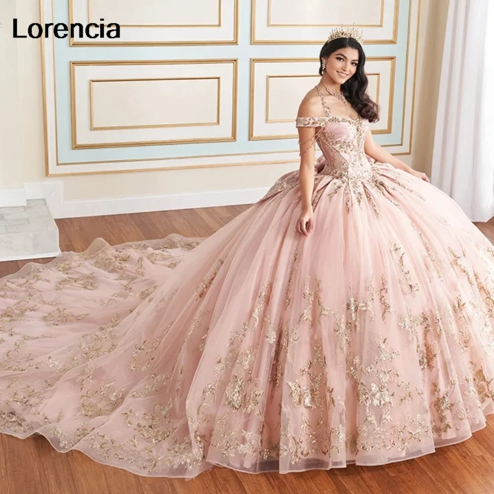 

Customized Sparkly Blush Pink Quinceanera Dress Ball Gown Gold Lace Applique Beading Corset Sweet 16 Vestidos De 15 Años YQD987