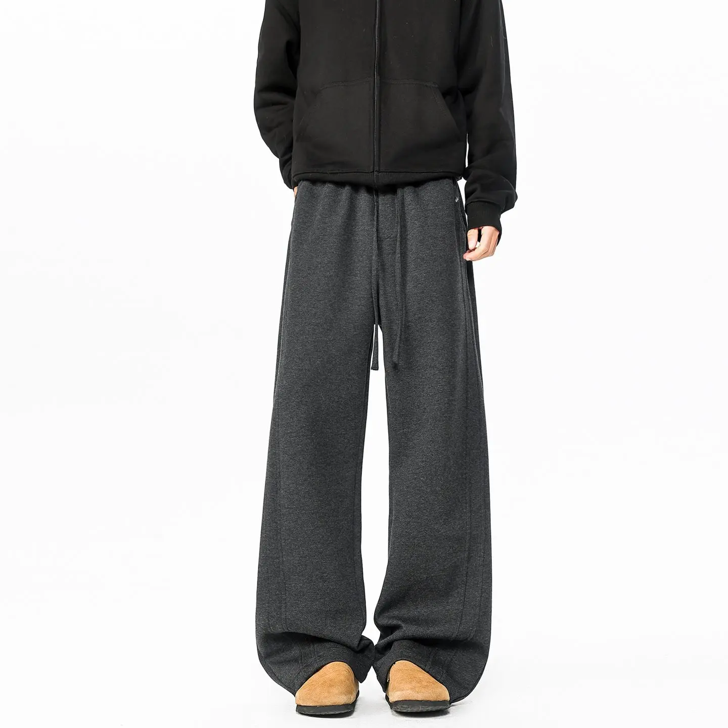 

Trendy Deep ey Curved Blade Casual Pants Men's Spring Vintage Loose Wide Leg Pants High Street Lazy Straight Tube Pants