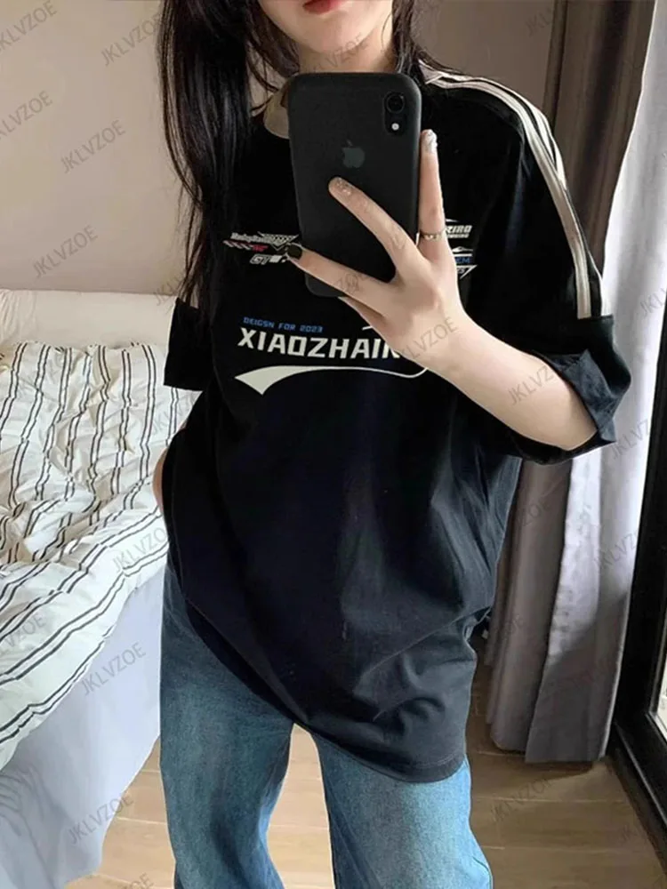 New Arriavl Summer Korean Sle Retro Black Patchwork Print Short Sleeve Casual Sports Breathable T-shirt Women Oversized Tops