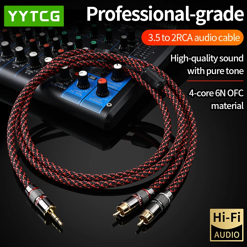 YYTCG High-End 3.5mm Dual-Channel to 1/2 RCA Dual Lotus Head Audio Cable for Computer Connection to Audio Equipment