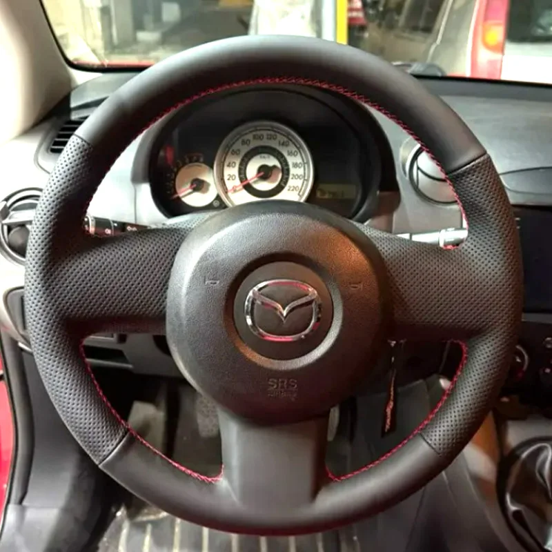 

For Mazda 2 2009 2010 2011 2012 Customize Hand-stitched Non-slip Black Leather Car Steering Wheel Cover Interior Accessories