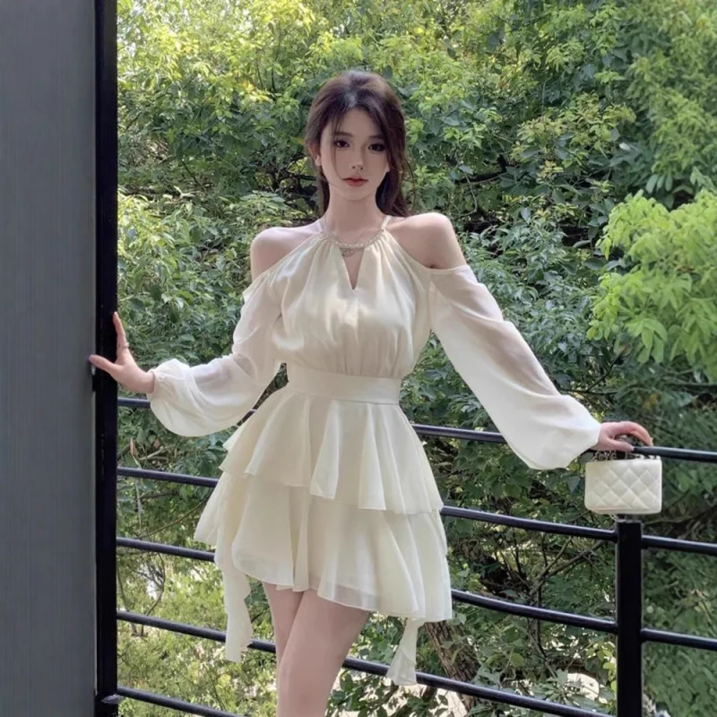 

French Style Rich Lady Apricot Chiffon Dress Autumn Winter Chiffon Short Dress Ruffled Waist Cinching Date Princess Short Dress