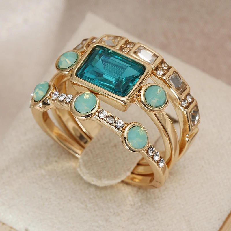 New Green Crystal Rings Set for Women Gold Plated Vintage Aesthetic Geometric Luxury Lady Jewelry Gift 2023 Fashion Rings