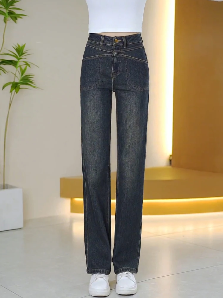 

Retro High Waist Straight Leg Jeans Women's Spring Autumn Cement Grey Slim Fit Wide Leg Pants Dream Wisdom Elegant Style