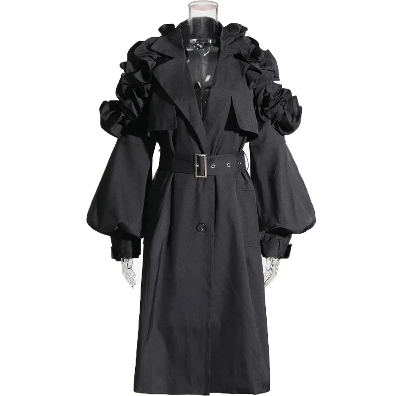 Temperament Commute Long Trench Coat for Women, Lapel, Long Sleeve, Ruffled Stitching, Slimming Over the Knee Coat