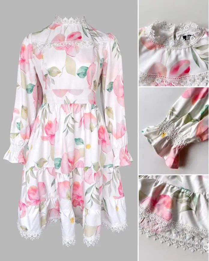 Vestido de manga comprida com estampa floral, detalhes em renda, design em camadas, gola alta, ideal para ocasiões diárias e casuais