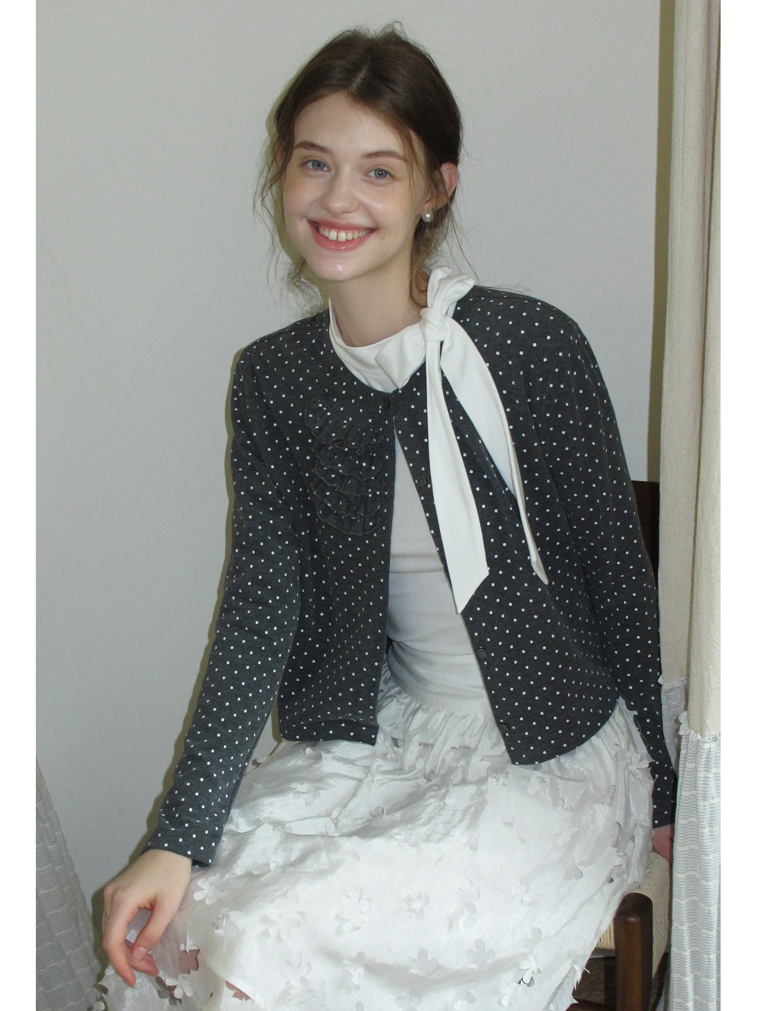 

EGGKA ey round Ne Polka Dot Long Sve Slim Fit ort Кардиган Футболка Ранняя осень Faion Маленькая верхняя одежда Топ