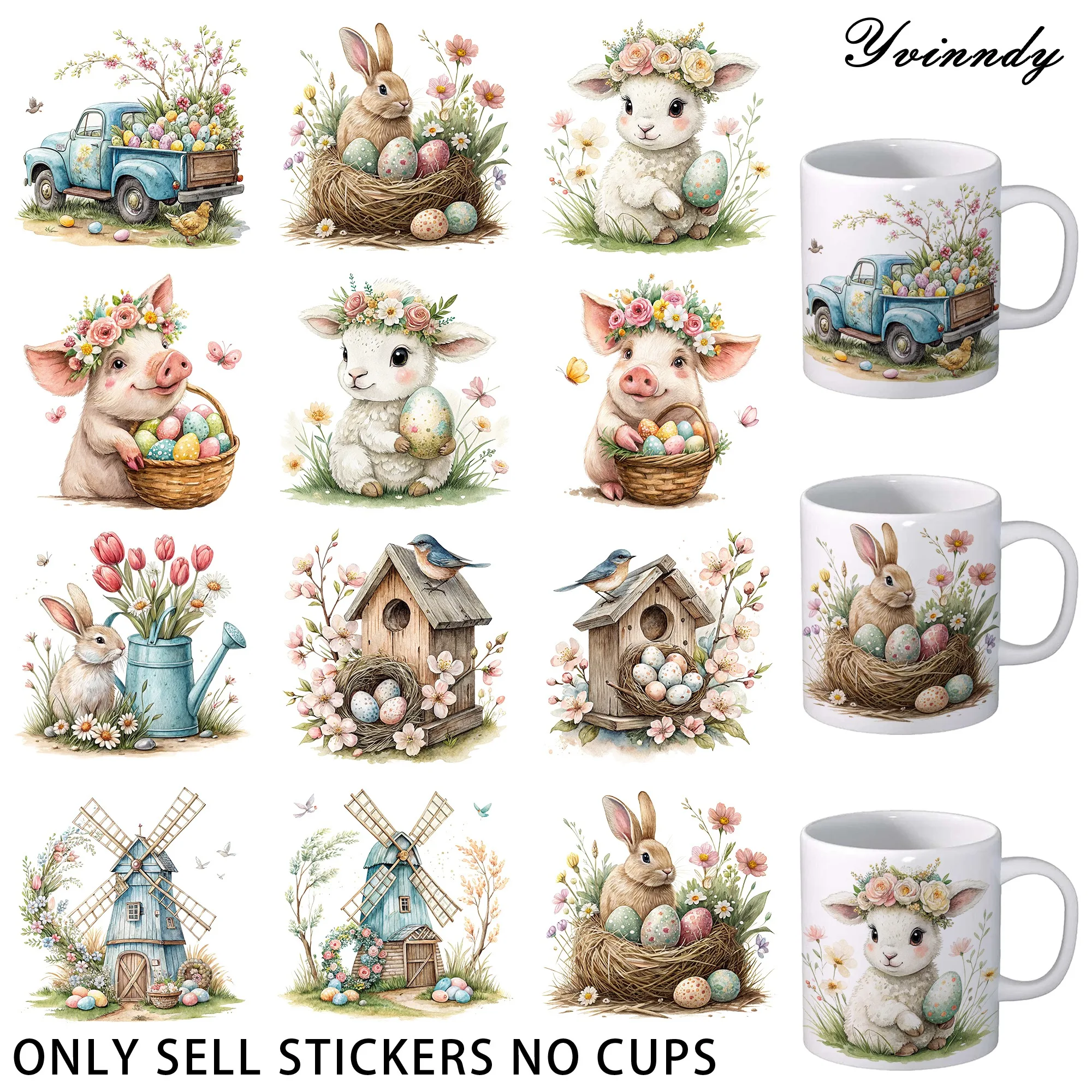 

12 штук весенних пасхальных УФ-наклеек DTF - водонепроницаемая УФ-декоративная бумага DTF для творчества и рукоделия, декоративного оформления своими руками