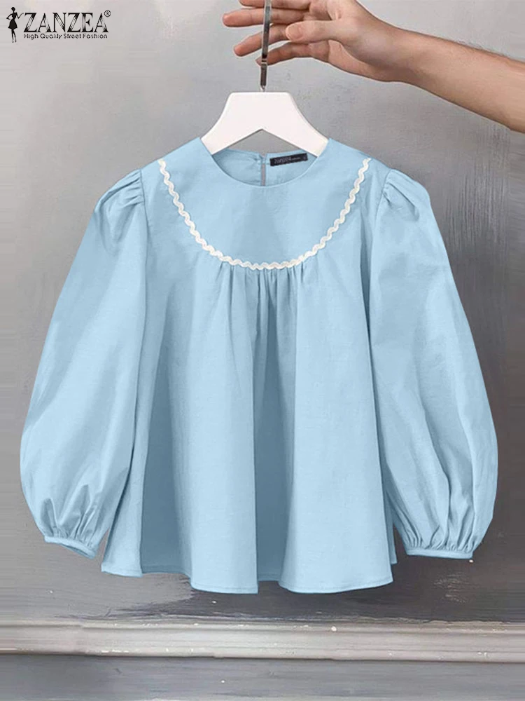 Korean Fashion Solid Blouse ZANZEA Vintage Lace Stitching Shirt Sweety Women Puff 3/4 Sleeve Top Holiday Thin Early Autumn Tunic