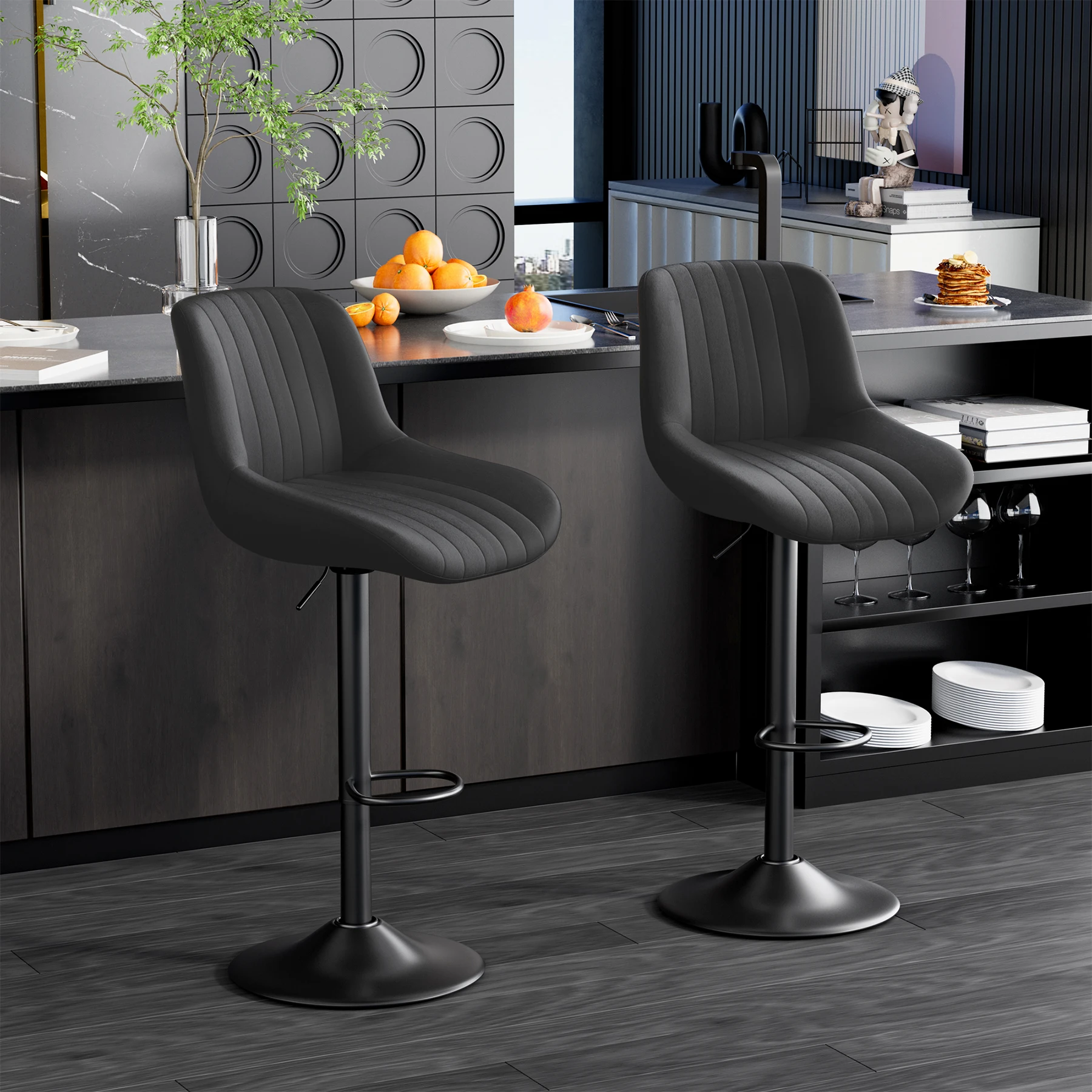 2 Stück Barhocker, 360 °   Verstellbare, drehbare Barhocker mit Rückenlehne, Kücheninselstühle aus Performance-Stoff in Thekenhöhe für die Küche zu Hause