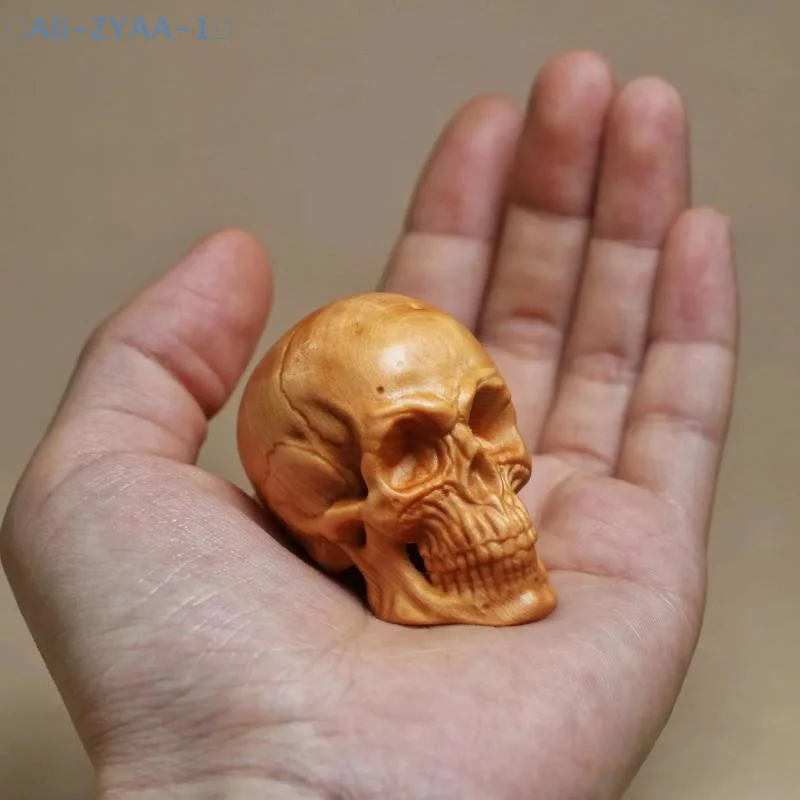 【ZYAA-1】Kleine Statue mit natürlichen Zypressen-Gravur, Totenkopf-Dekoration – Halloween-Dekoration, Party-Dekoration, Requisiten, Heimzimmer