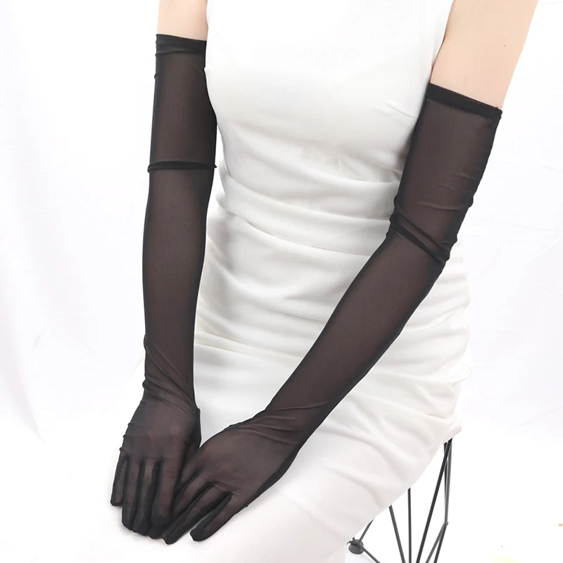 Sexy Lace Thin Elasticity Tulle Mesh Breathable Long Gloves Elegant Women Black Sunscreen Gloves Female Anti-UV Driving Mittens