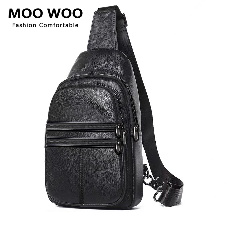 

MOOWOO Genuine Leather Casual Chest Bag For Women Man Casual Shoulder Bag Belt Sling Outdoor Sport Crossbody Phone Pouch Bags