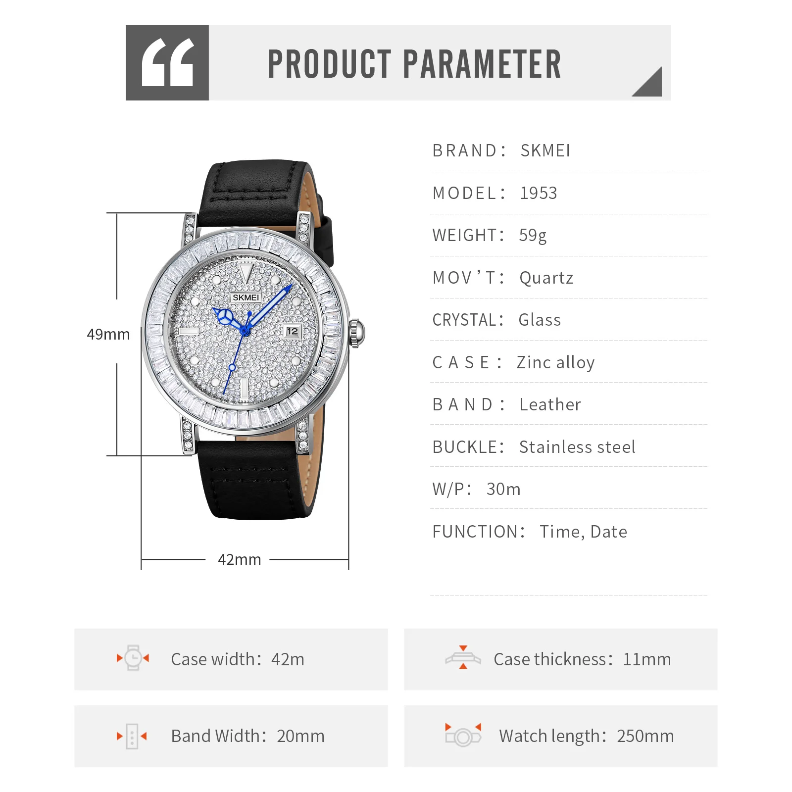 SKMEI Reloj Hombre グリッターダイヤル防水クォーツスポーツウォッチ男性用メンズカジュアル本革ストラップ腕時計日付時計