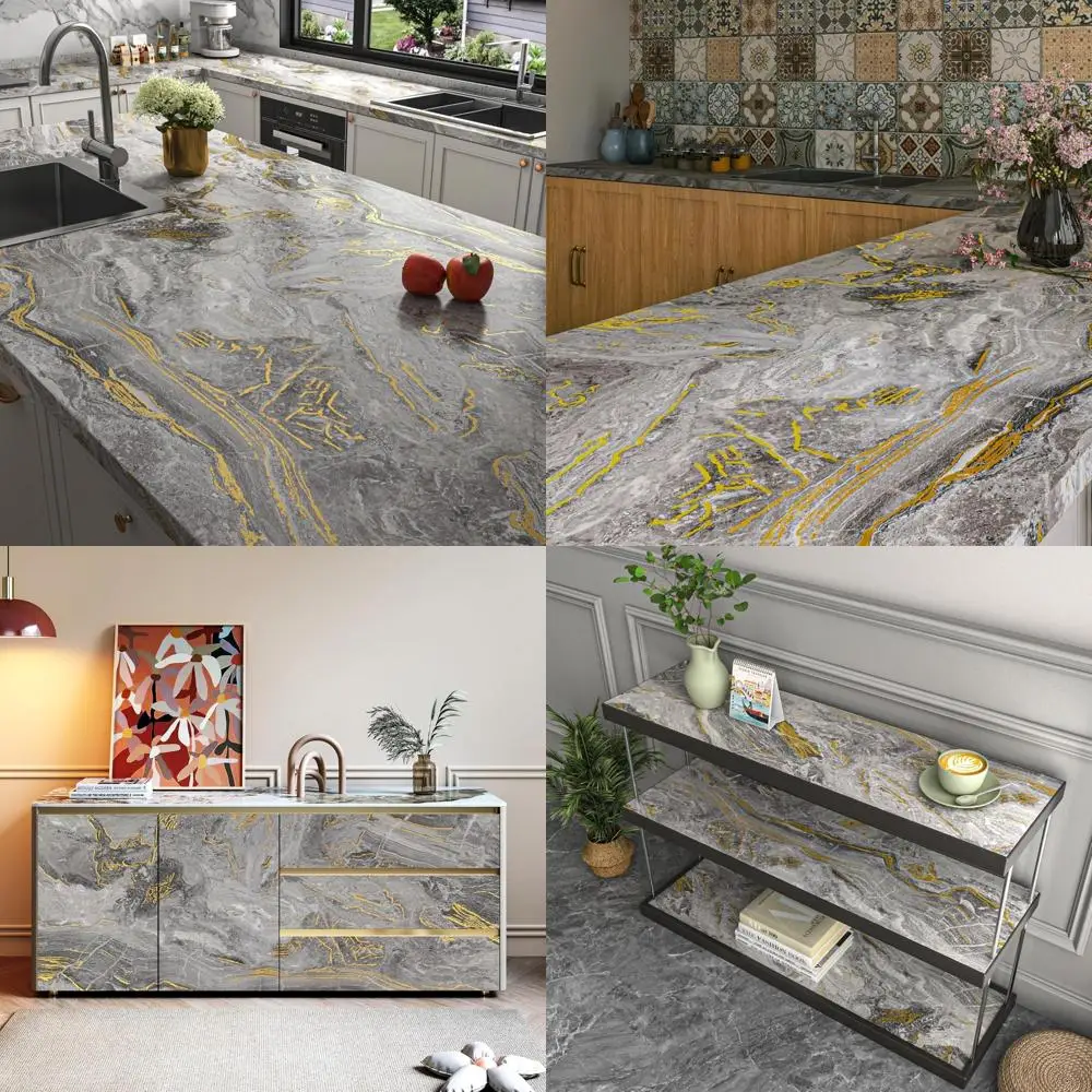 Matte Grey Gold Marble Effect Waterproof Contact Paper for Countertops and Cabinets, Liquid Marble Look, 36x160 Inches, Durable