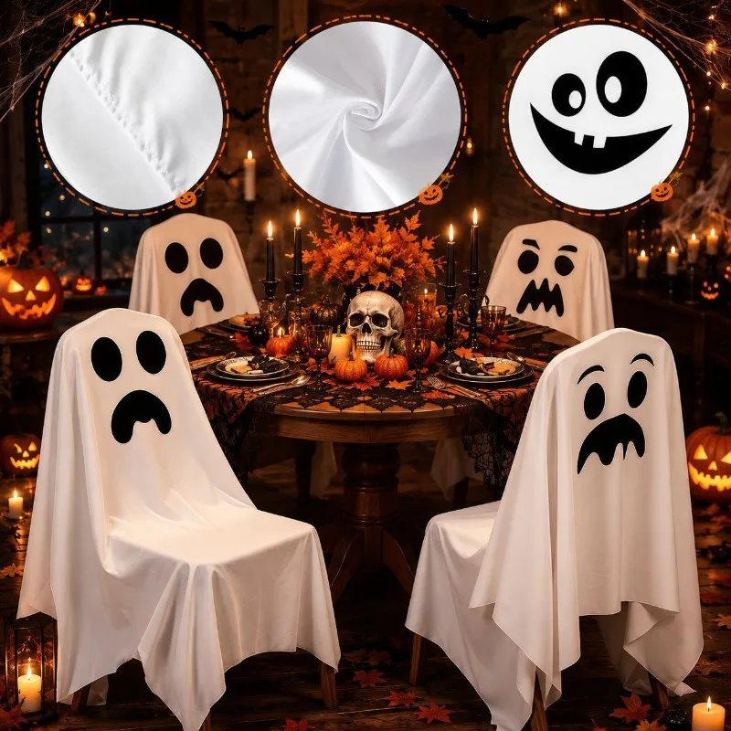 Halloween Ghost Chair Cover, White Ghost Face Dining Chair Slipcover, Holiday Backrest Cover for Party Restaurant Home Decor
